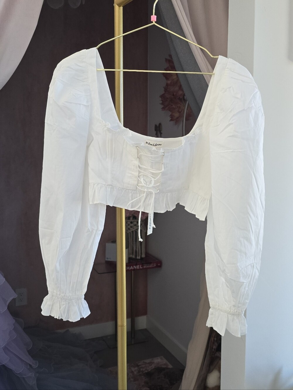 For Love & Lemons White Lace-Up Puff Sleeve Crop Top